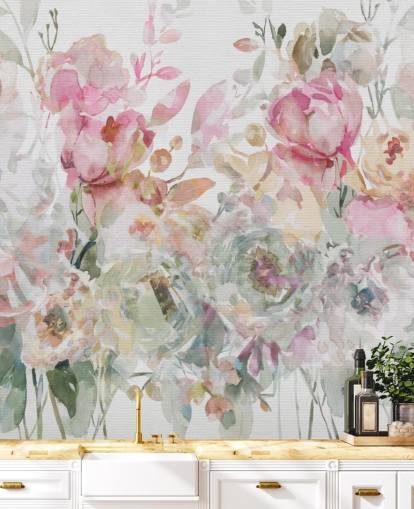 witte en roze aanpasbare bloemenbehangmuurschildering genaamd Floral Confetti Collage van Carol Robinson witte en roze aanpasbare bloemenbehangmuurschildering genaamd Floral Confetti Collage van Carol Robinson