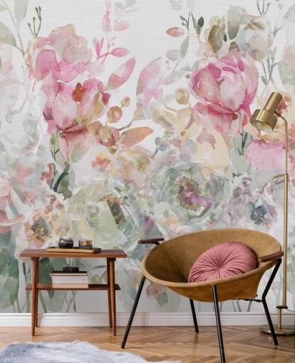 white and pink customizable floral wallpaper mural called Floral Confetti Collage by Carol Robinson