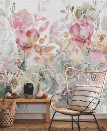 vit och rosa anpassningsbar blommig tapetväggmålning kallad Floral Confetti Collage av Carol Robinson