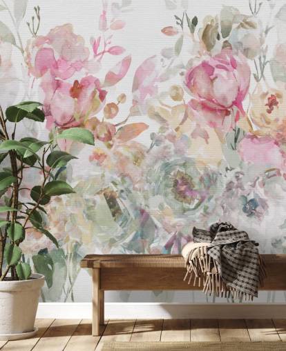 hvitt og rosa tilpassbart blomstertapet veggmaleri kalt Floral Confetti Collage av Carol Robinson