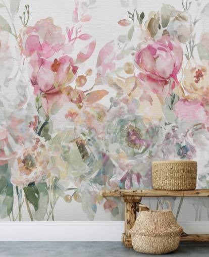 hvitt og rosa tilpassbart blomstertapet veggmaleri kalt Floral Confetti Collage av Carol Robinson
