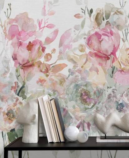 white and pink customizable floral wallpaper mural called Floral Confetti Collage by Carol Robinson