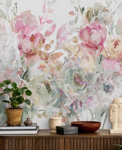 hvid og lyserød tilpasselig blomstertapet vægmaleri kaldet Floral Confetti Collage af Carol Robinson