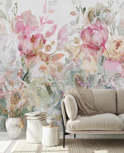 white and pink customisable floral wallpaper mural called Floral Confetti Collage by Carol Robinson