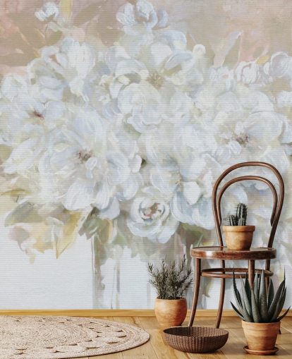 mural de papel de parede floral personalizável branco chamado Sun Bleached Bouquet para salas de estar e cozinhas