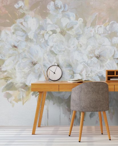 mural de papel de parede floral personalizável branco chamado Sun Bleached Bouquet para salas de estar e cozinhas