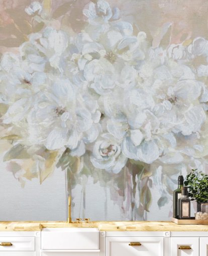mural de papel pintado floral personalizable blanco llamado Sun Bleached Bouquet para salas de estar y cocinas