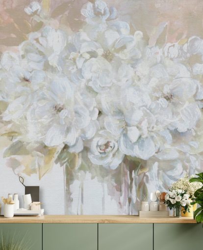 white customisable floral wallpaper mural called Sun Bleached Bouquet for living rooms and kitchens