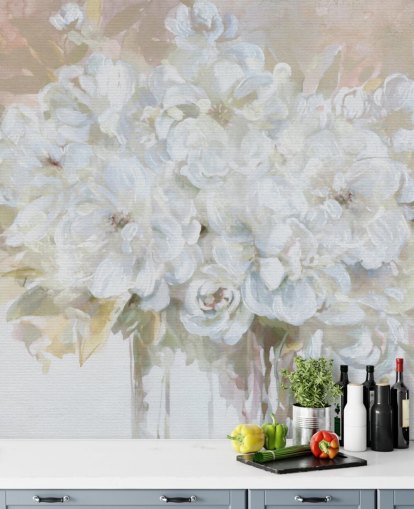mural de papel pintado floral personalizable blanco llamado Sun Bleached Bouquet para salas de estar y cocinas