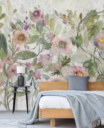 roze, groen en wit aanpasbaar bloemenbehang genaamd Tangled Tapesty van Carol Robinson voor slaapkamers en woonkamers