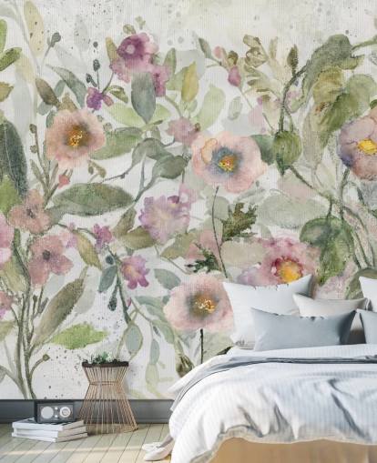 pink, green and white customisable floral wallpaper called Tangled Tapesty by Carol Robinson for bedrooms and living rooms
