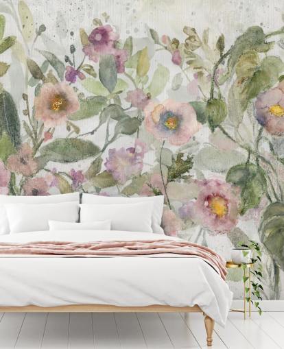papel de parede floral personalizável rosa, verde e branco chamado Tangled Tapesty de Carol Robinson para quartos e salas de estar