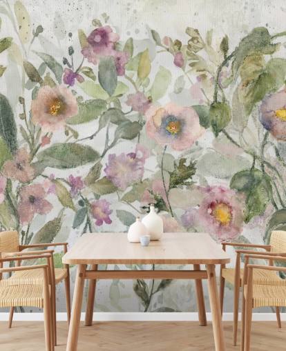 pink, green and white customizable floral wallpaper called Tangled Tapesty by Carol Robinson for bedrooms and living rooms