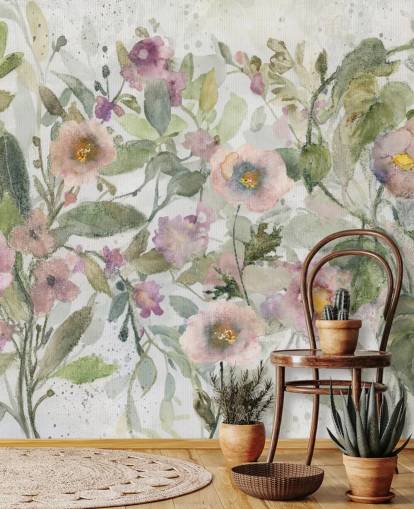 papier peint floral personnalisable rose, vert et blanc appelé Tangled Tapesty de Carol Robinson pour les chambres et les salons