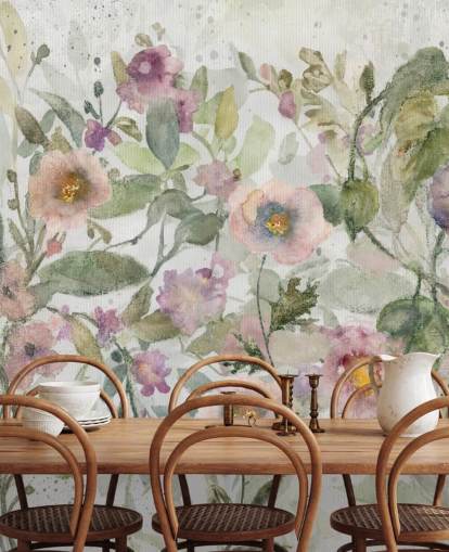 papier peint floral personnalisable rose, vert et blanc appelé Tangled Tapesty de Carol Robinson pour les chambres et les salons