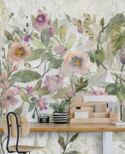 pink, green and white customizable floral wallpaper called Tangled Tapesty by Carol Robinson for bedrooms and living rooms