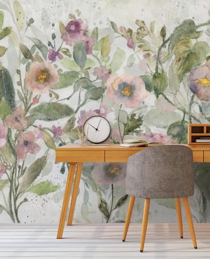 rosa, grønt og hvitt tilpassbart blomstertapet kalt Tangled Tapesty av Carol Robinson for soverom og stuer