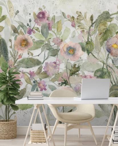 pink, green and white customizable floral wallpaper called Tangled Tapesty by Carol Robinson for bedrooms and living rooms