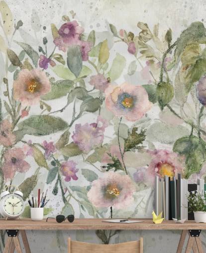 pink, green and white customisable floral wallpaper called Tangled Tapesty by Carol Robinson for bedrooms and living rooms