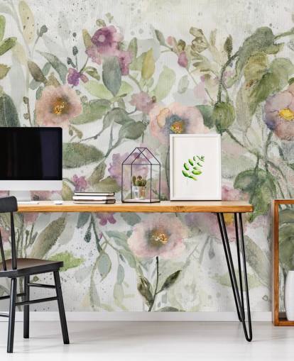 papier peint floral personnalisable rose, vert et blanc appelé Tangled Tapesty de Carol Robinson pour les chambres et les salons