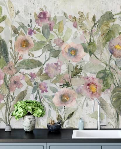 pink, green and white customisable floral wallpaper called Tangled Tapesty by Carol Robinson for bedrooms and living rooms