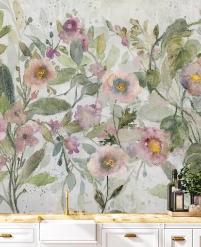 pink, green and white customizable floral wallpaper called Tangled Tapesty by Carol Robinson for bedrooms and living rooms