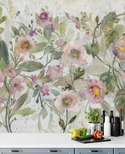 rosa, grønt og hvitt tilpassbart blomstertapet kalt Tangled Tapesty av Carol Robinson for soverom og stuer rosa, grønt og hvitt tilpassbart blomstertapet kalt Tangled Tapesty av Carol Robinson for soverom og stuer