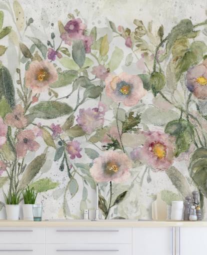 papel de parede floral personalizável rosa, verde e branco chamado Tangled Tapesty de Carol Robinson para quartos e salas de estar