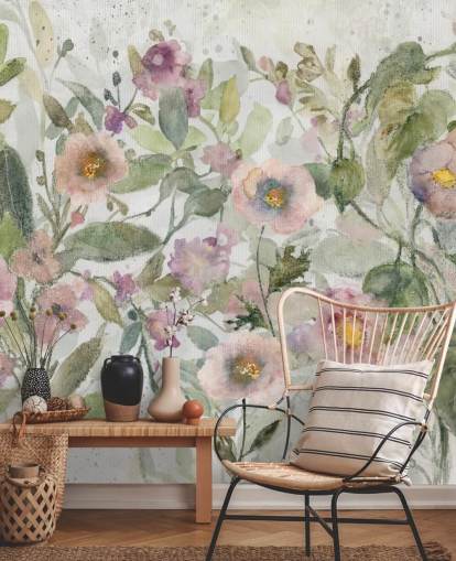 pink, green and white customisable floral wallpaper called Tangled Tapesty by Carol Robinson for bedrooms and living rooms