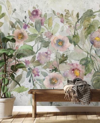 pink, green and white customizable floral wallpaper called Tangled Tapesty by Carol Robinson for bedrooms and living rooms