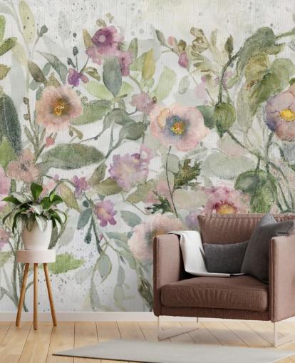 papier peint floral personnalisable rose, vert et blanc appelé Tangled Tapesty de Carol Robinson pour les chambres et les salons