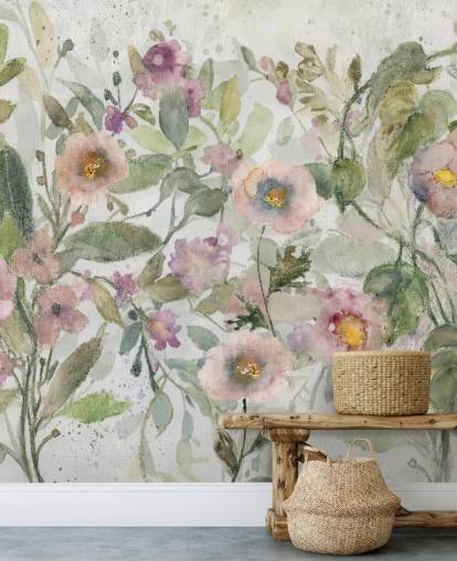 pink, green and white customisable floral wallpaper called Tangled Tapesty by Carol Robinson for bedrooms and living rooms