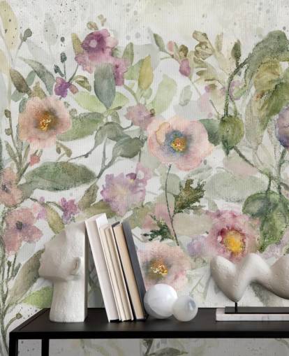 pink, green and white customisable floral wallpaper called Tangled Tapesty by Carol Robinson for bedrooms and living rooms