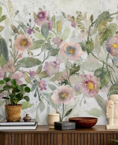 pink, green and white customizable floral wallpaper called Tangled Tapesty by Carol Robinson for bedrooms and living rooms