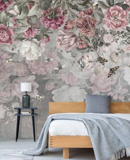 roze en witte bloemenbehangmuurschildering genaamd Gentle Floral Border van Ms. Tiff voor slaapkamers