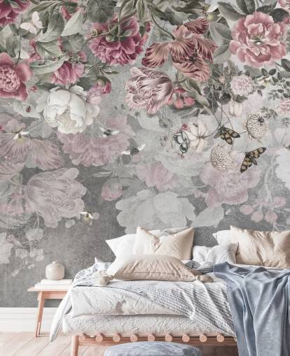 pink and white floral wallpaper mural called Gentle Floral Border by Ms. Tiff for bedrooms