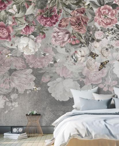 rosa-weiße Blumentapete namens Gentle Floral Border von Ms. Tiff für Schlafzimmer