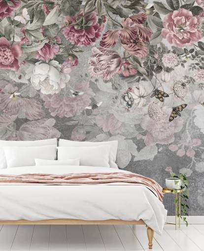 rosa och vit blommig tapetväggmålning kallad Gentle Floral Border av Ms. Tiff för sovrum