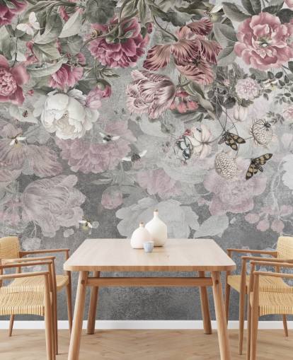 pink and white floral wallpaper mural called Gentle Floral Border by Ms. Tiff for bedrooms