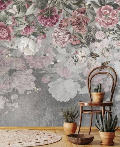 carta da parati murale floreale rosa e bianca chiamata Gentle Floral Border di Ms. Tiff per camere da letto