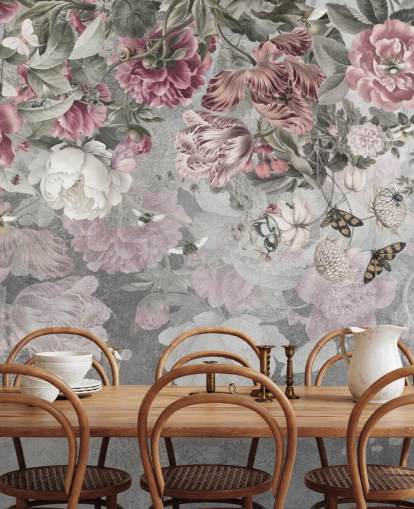 lyserødt og hvidt blomstertapet vægmaleri kaldet Gentle Floral Border af Ms. Tiff til soveværelser