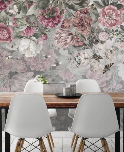 roze en witte bloemenbehangmuurschildering genaamd Gentle Floral Border van Ms. Tiff voor slaapkamers roze en witte bloemenbehangmuurschildering genaamd Gentle Floral Border van Ms. Tiff voor slaapkamers