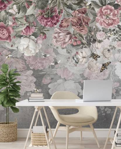 lyserødt og hvidt blomstertapet vægmaleri kaldet Gentle Floral Border af Ms. Tiff til soveværelser lyserødt og hvidt blomstertapet vægmaleri kaldet Gentle Floral Border af Ms. Tiff til soveværelser