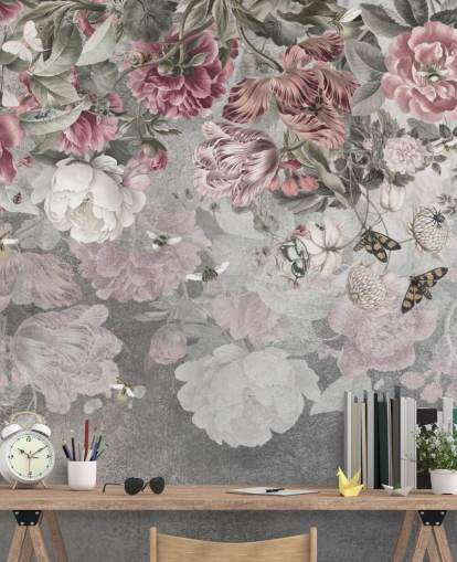 roze en witte bloemenbehangmuurschildering genaamd Gentle Floral Border van Ms. Tiff voor slaapkamers