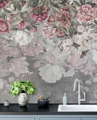 mural de papel pintado floral rosa y blanco llamado Gentle Floral Border de Ms. Tiff para dormitorios