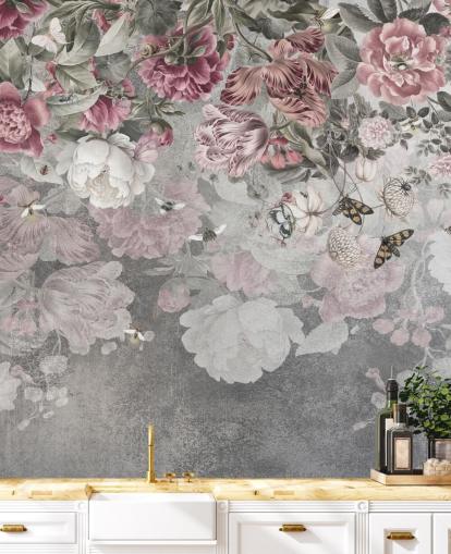 roze en witte bloemenbehangmuurschildering genaamd Gentle Floral Border van Ms. Tiff voor slaapkamers