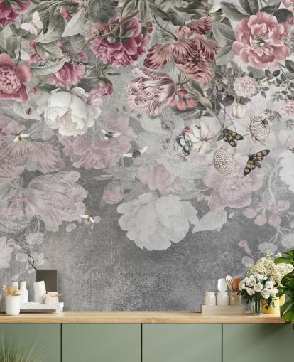 carta da parati murale floreale rosa e bianca chiamata Gentle Floral Border di Ms. Tiff per camere da letto