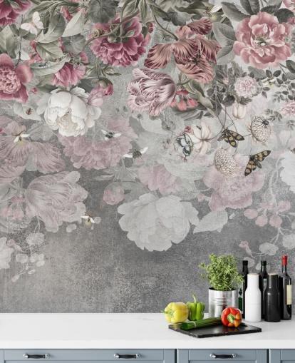 mural de papel pintado floral rosa y blanco llamado Gentle Floral Border de Ms. Tiff para dormitorios