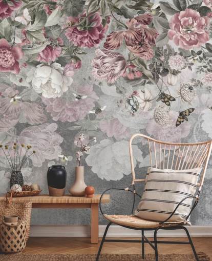 lyserødt og hvidt blomstertapet vægmaleri kaldet Gentle Floral Border af Ms. Tiff til soveværelser lyserødt og hvidt blomstertapet vægmaleri kaldet Gentle Floral Border af Ms. Tiff til soveværelser