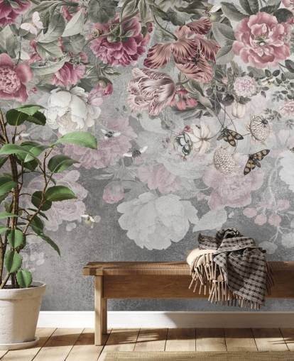 pink and white floral wallpaper mural called Gentle Floral Border by Ms. Tiff for bedrooms